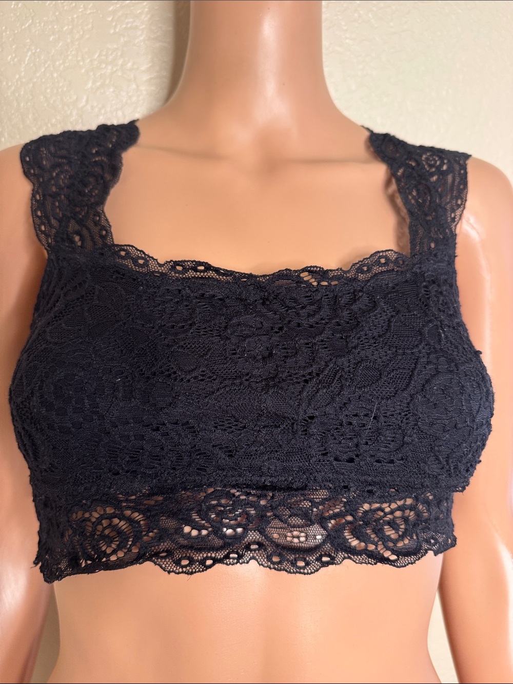 Black Lace Bralette Top - Feminine Lace Crop Tank OSFM unpadded